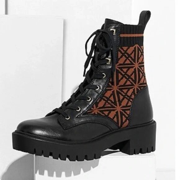 ANTONIO MELANI Shoes - Antonio Melani Womens Black Brown Dempsey Leather Fabric Lace Up Combat Boots 6M